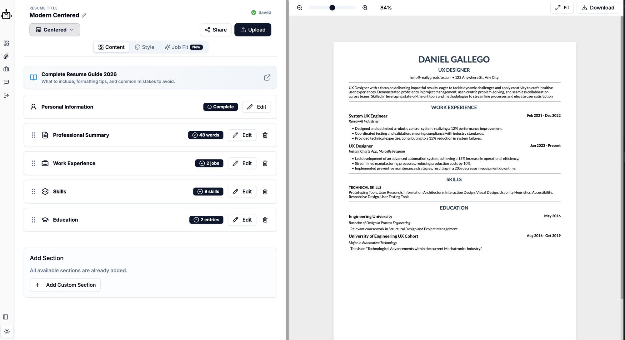 JobScoutly resume editor with job-description keyword analysis panel