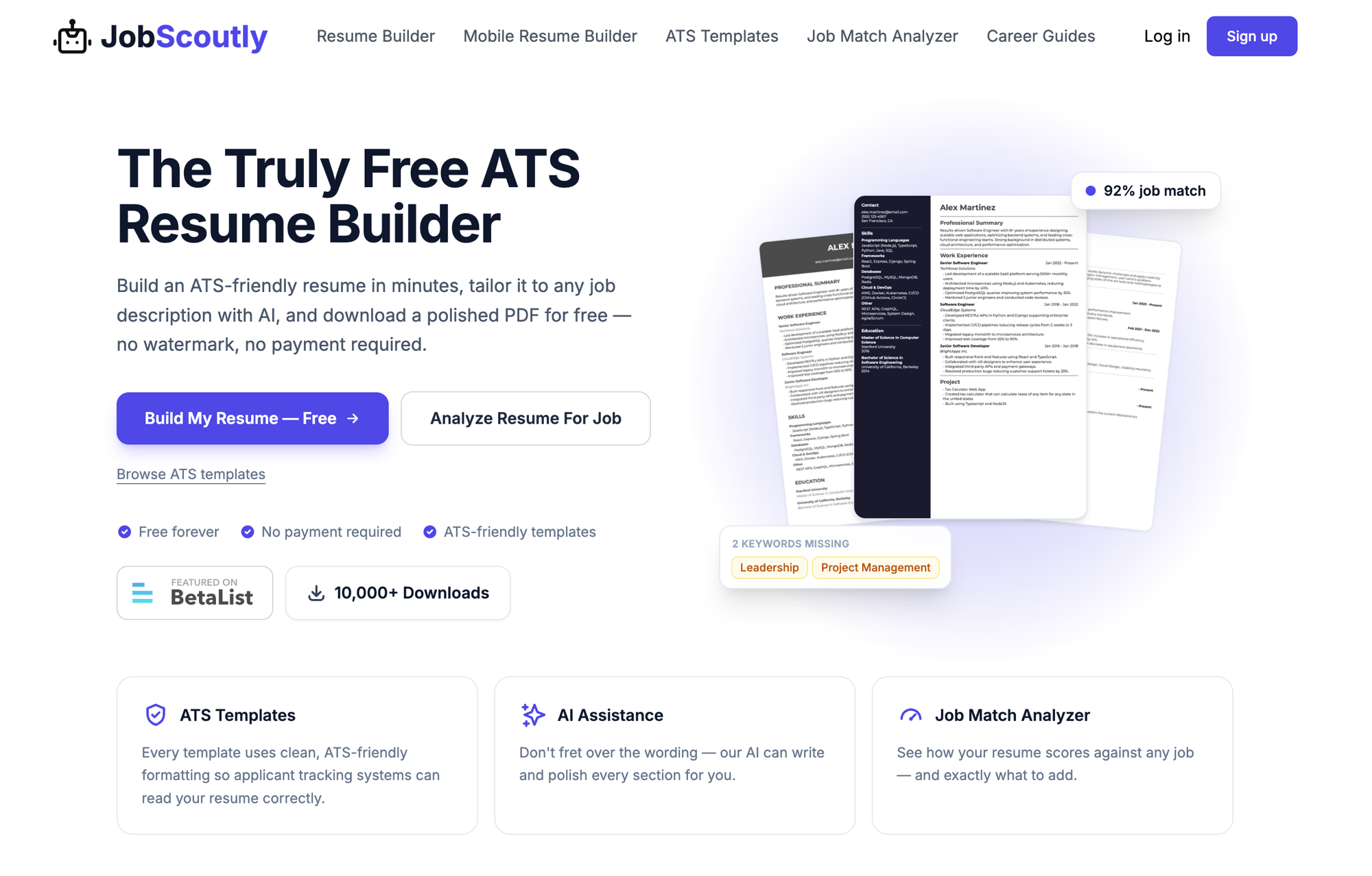 JobScoutly showing all features available on the free account
